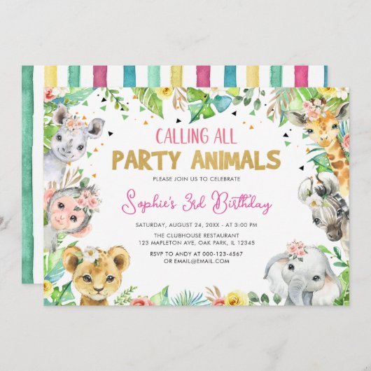 すべてのパーティー動物サファリジャングル誕生日 招待状 (正面/裏面)