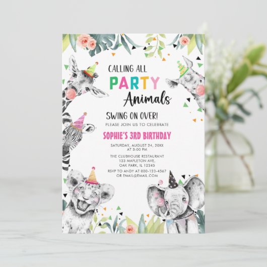 すべてのパーティー動物サファリジャングル誕生日 招待状 (スタンド正面)