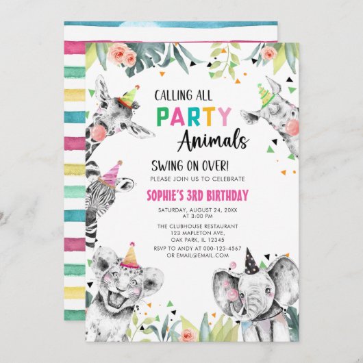 すべてのパーティー動物サファリジャングル誕生日 招待状 (正面/裏面)