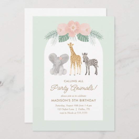 すべてのパーティー動物サファリ誕生日パーティーに電話 招待状 (正面/裏面)
