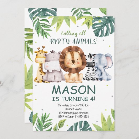 すべてのパーティー動物サファリ誕生日招待状 招待状 (正面/裏面)