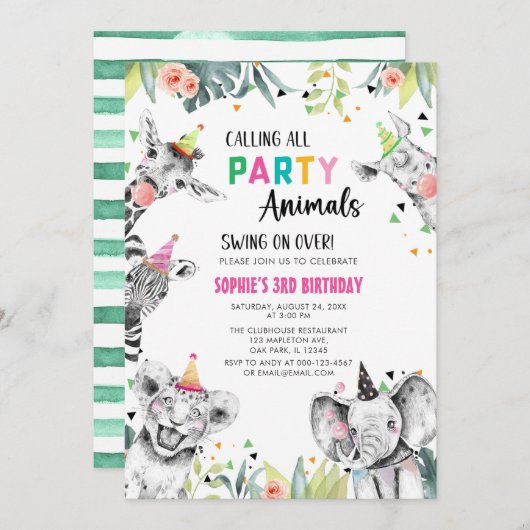 すべてのパーティー動物サファリ誕生日 招待状 (正面/裏面)