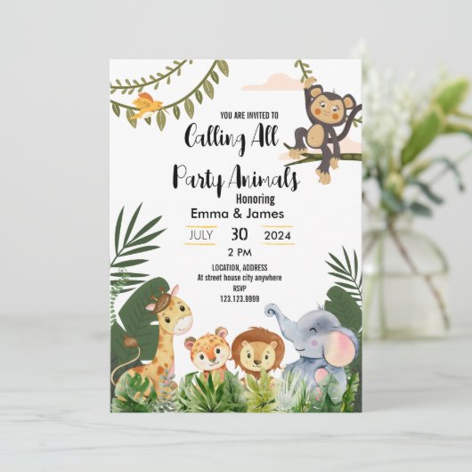 すべてのパーティー動物サファリ赤ちゃんシャワーを呼び出す 招待状 (スタンド正面)