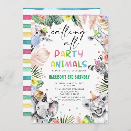 すべてのパーティー動物ジャングルサファリ誕生日 招待状 (正面/裏面)