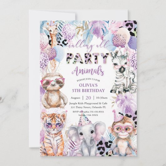 すべてのパーティー動物ジャングルサファリ誕生日 招待状 (正面)