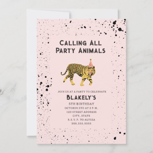 すべてのパーティー動物タイガーピンク誕生日 招待状 (正面)