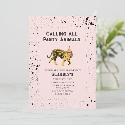すべてのパーティー動物タイガーピンク誕生日 招待状 (スタンド正面)
