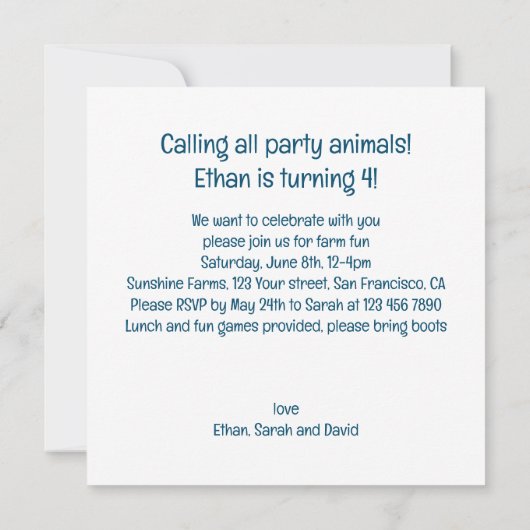 すべてのパーティー動物ファームの誕生日の招待を呼び出す 招待状 (裏面)