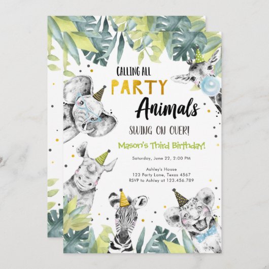 すべてのパーティー動物ボーイサファリ誕生日 招待状 (正面/裏面)