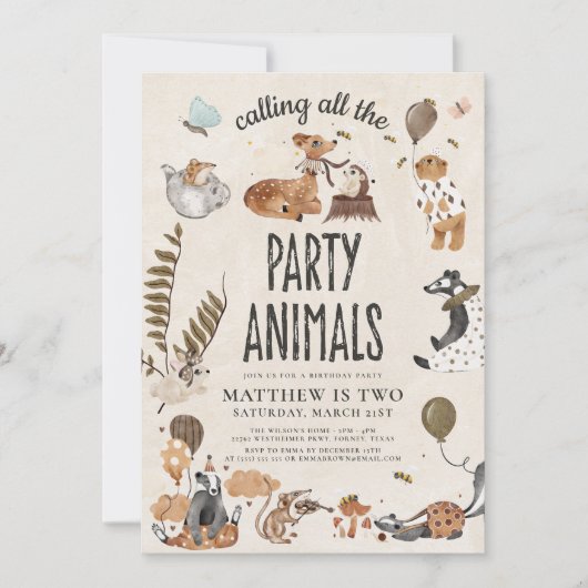 すべてのパーティー動物少年を呼び出す誕生日 招待状 (正面)
