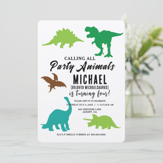 すべてのパーティー動物恐竜の誕生日パーティーを呼ぶ 招待状 (スタンド正面)