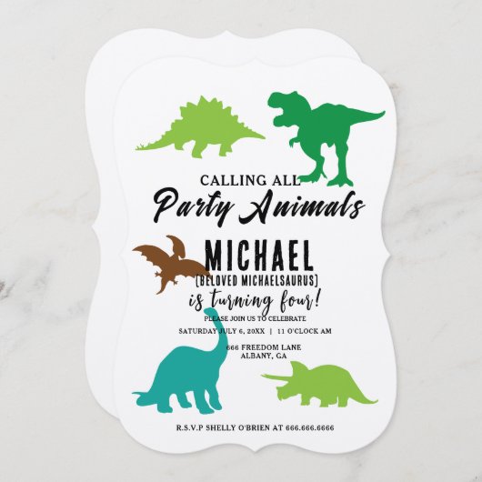 すべてのパーティー動物恐竜を呼び出す誕生日 招待状 (正面/裏面)
