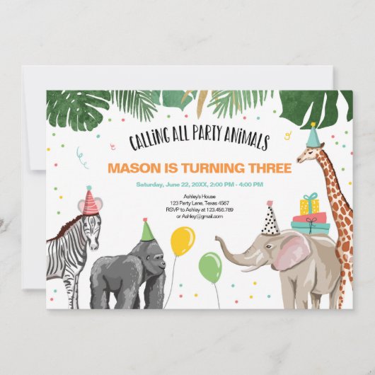 すべてのパーティー好きな人を動物園と呼びます野生の男の子の誕生日 招待状 (正面)