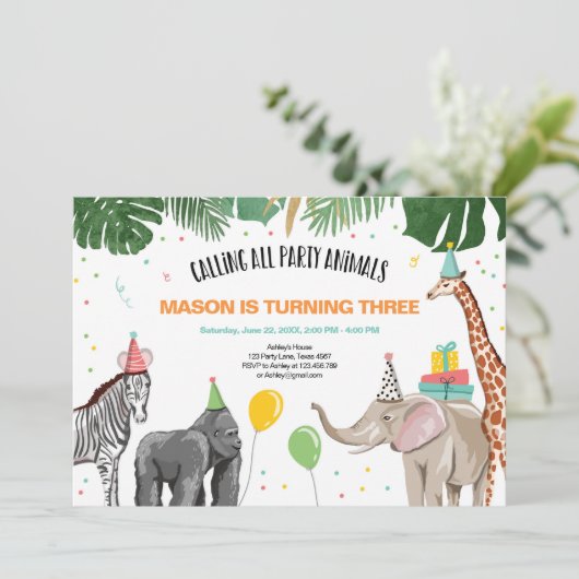 すべてのパーティー好きな人を動物園と呼びます野生の男の子の誕生日 招待状 (スタンド正面)
