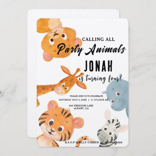 すべてのパーティー好きな子供たちへ、キッズサファリパーティー 招待状 (正面/裏面)