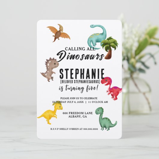 すべてのパーティー恐竜の呼び出しパーソナライズされた誕生日 招待状 (スタンド正面)