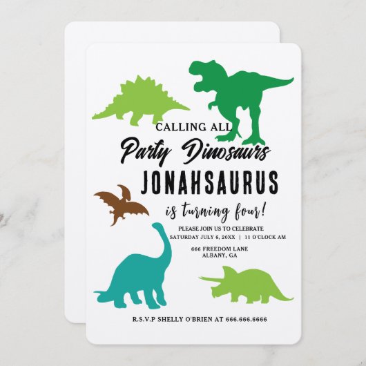 すべてのパーティー恐竜の子供の誕生日パーティーを呼ぶ 招待状 (正面/裏面)