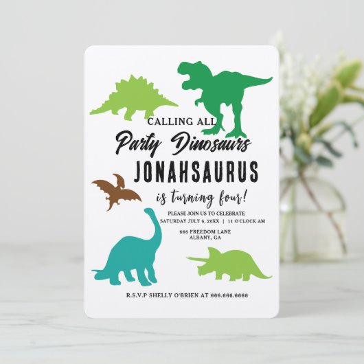 すべてのパーティー恐竜の子供の誕生日パーティーを呼ぶ 招待状 (スタンド正面)