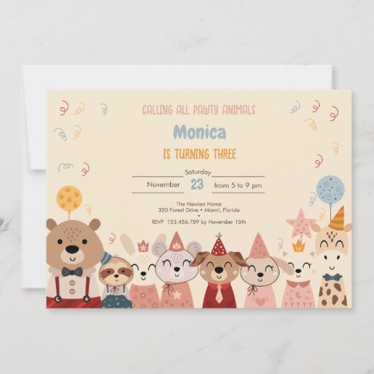 すべてのポーティ動物の誕生日パーティーを呼ぶ 招待状 (正面)