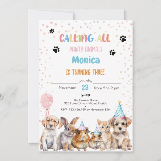 すべてのポーティ動物の誕生日パーティーを呼ぶ 招待状 (正面)