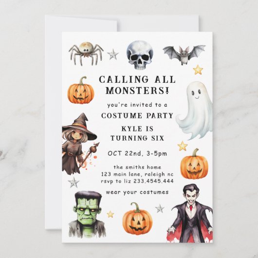すべてのモンスターのコスチュームをハロウィン誕生日 招待状 (正面)