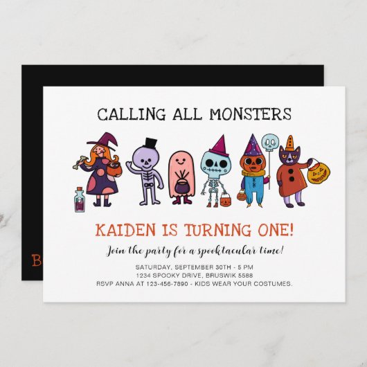 すべてのモンスターを呼び出すハロウィーン1回目の誕生日パーティー 招待状 (正面/裏面)