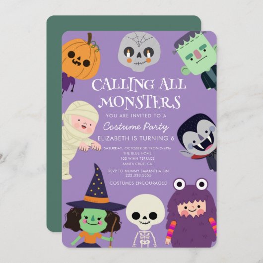 すべてのモンスターハロウィーン誕生日パーティーを呼び出す 招待状 (正面/裏面)