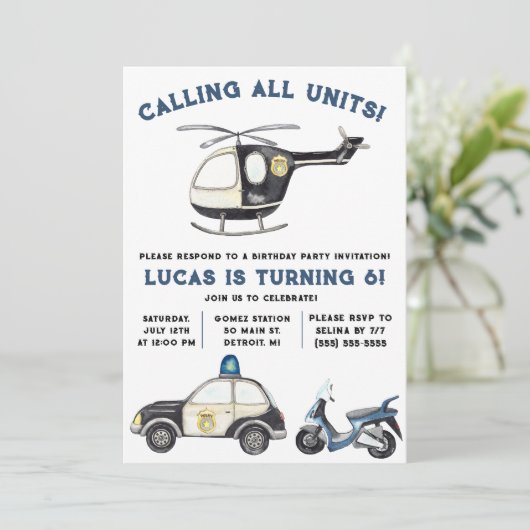 すべてのユニットを呼び出す！警察をテーマにした誕生日パーティー 招待状 (スタンド正面)