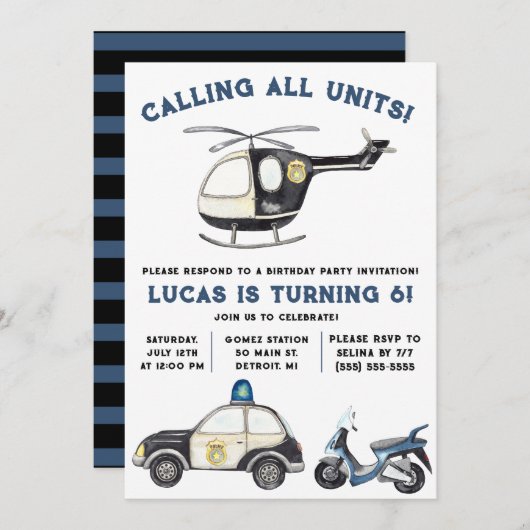 すべてのユニットを呼び出す！警察をテーマにした誕生日パーティー 招待状 (正面/裏面)