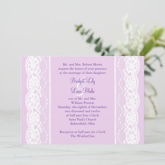 すべてのヴィンテージフランスのレース結婚式招待状(薄紫) 招待状 (スタンド正面)