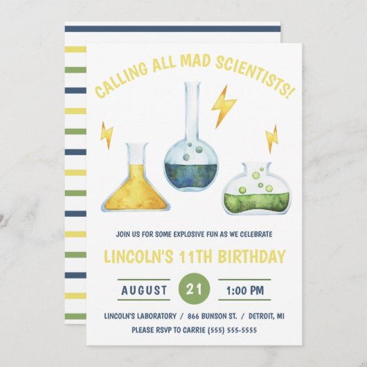 すべての不機嫌科学者を呼ぶ!科学の誕生日パーティー 招待状 (正面/裏面)