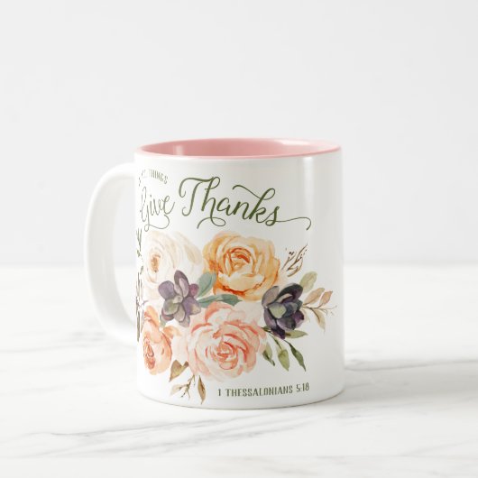すべての事で与え感謝していフローラのバラ ツートーンマグカップ (正面左)