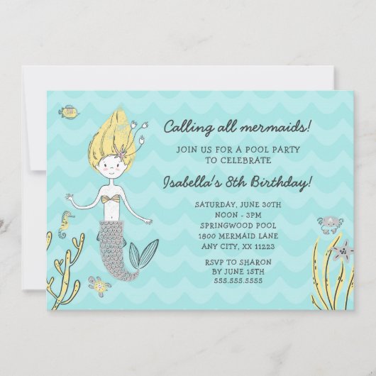 すべての人魚を誕生日のプールを囲んでのパーティの招待と呼びます 招待状 (正面)