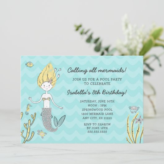 すべての人魚を誕生日のプールを囲んでのパーティの招待と呼びます 招待状 (スタンド正面)