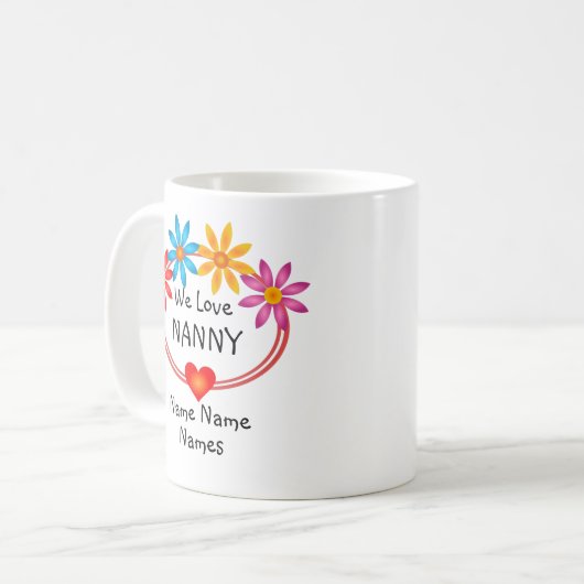 すべての名前を変更する子供の名前ナニーフラワーハート コーヒーマグカップ (正面左)