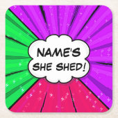 すべての変更文字の名前の追加Shed漫画スタイル スクエアペーパーコースター (正面)