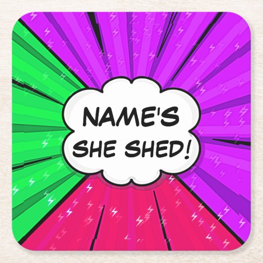 すべての変更文字の名前の追加Shed漫画スタイル スクエアペーパーコースター (正面)