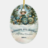 すべての小妖精や小人の呼び出しスノーフレーククリスマスパーティー招待状 セラミックオーナメント (正面)