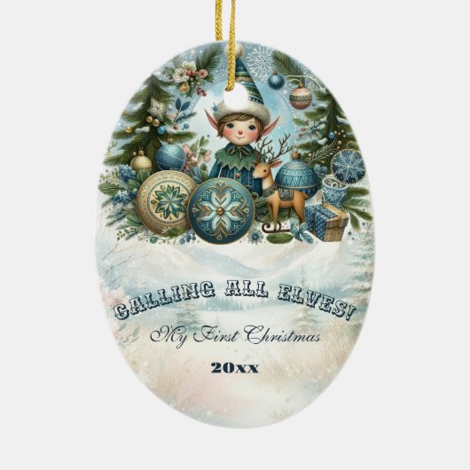 すべての小妖精や小人の呼び出しスノーフレーククリスマスパーティー招待状 セラミックオーナメント (裏面)