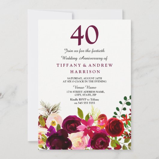 すべての年のバーガンディレッド ウェディングアニバーサリー招待状 招待状 (正面)