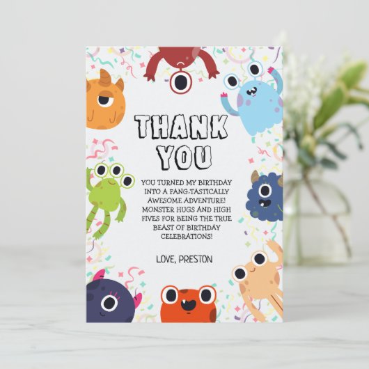 すべての年齢のための小さなモンスターの誕生日パーティー サンキューカード (スタンド正面)