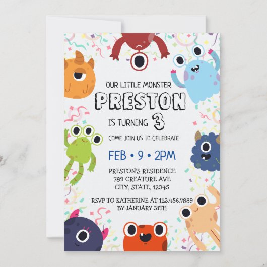 すべての年齢のための小さなモンスターの誕生日パーティー 招待状 (正面)