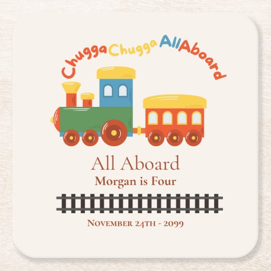 すべての年齢の誕生日トレインカラフルチュガのすべての乗船 スクエアペーパーコースター (正面)