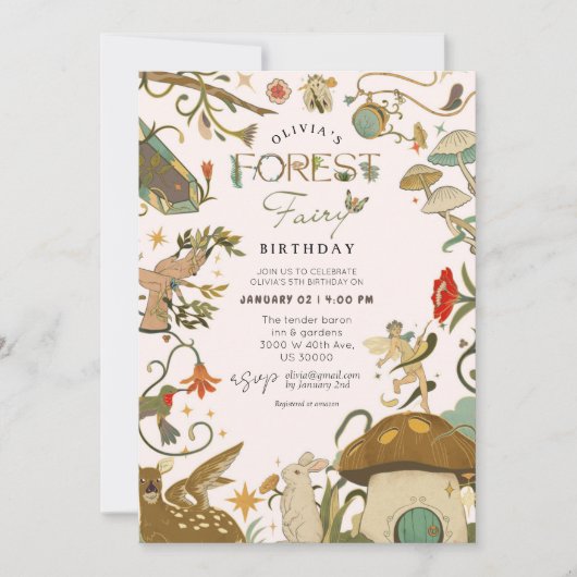 すべての年齢キノコの森の妖精の女の子の誕生日 招待状 (正面)