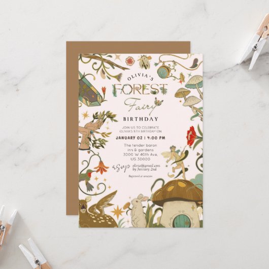 すべての年齢キノコの森の妖精の女の子の誕生日 招待状 (正面/裏面インサイチュ)