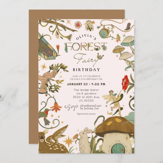 すべての年齢キノコの森の妖精の女の子の誕生日 招待状 (正面/裏面)
