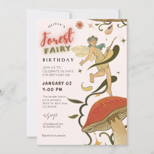 すべての年齢キノコの森の妖精の女の子の誕生日 招待状 (正面)