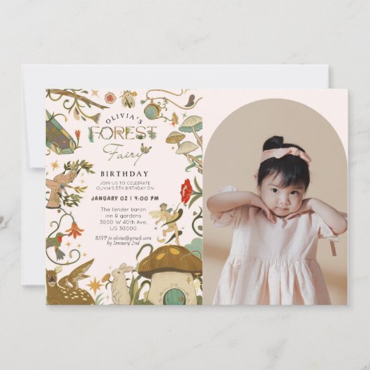 すべての年齢キノコの森の妖精の女の子の誕生日 招待状 (正面)