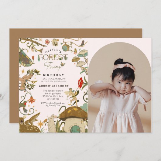 すべての年齢キノコの森の妖精の女の子の誕生日 招待状 (正面/裏面)