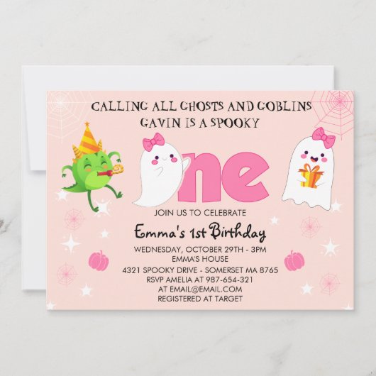 すべての幽霊たちとゴブリンの最初の誕生日ピンク 招待状 (正面)